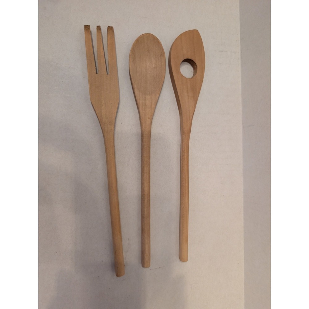 Lot Of 3 Wooden Utensils Fork Spoon Spatula Light Wood Coloring
